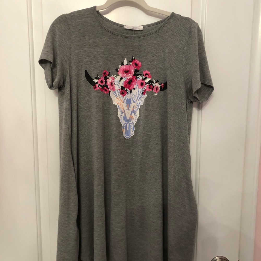 Grey T-Shirt Dress with Cow Skull and pockets